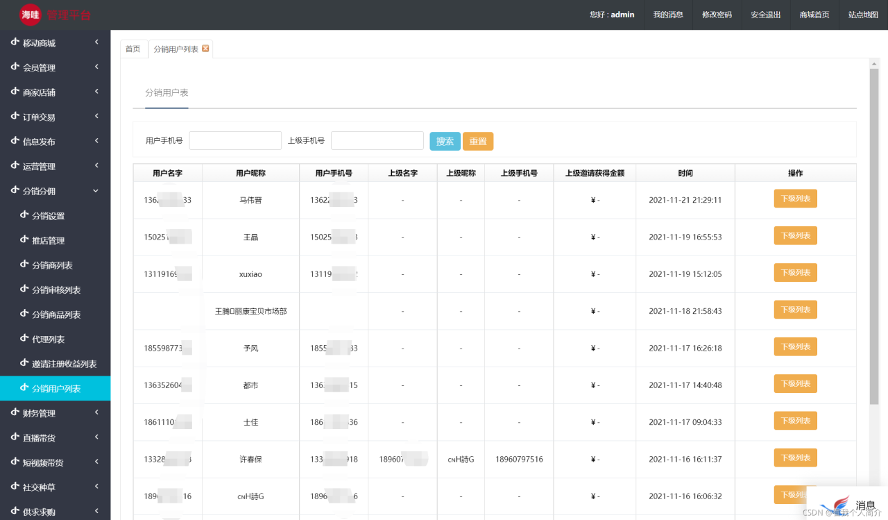 分销用户列表之java版商城 Spring Cloud+SpringBoot+mybatis+uniapp b2b2c o2o 小程序 多商家入驻商城 直播带货商城-Shenshop社交新零售电商系统